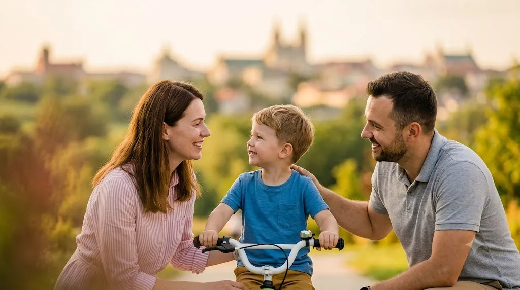 Rodzice z dzieckiem na spacerze w parku w Lublinie