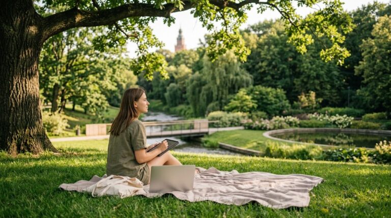 Odpoczynek w lublinie - pani siedzi na pikniku z laptopem w wąwozie Rury